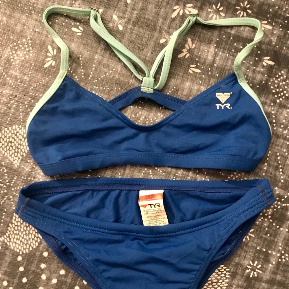 Blue two piece TYR swimsuit
